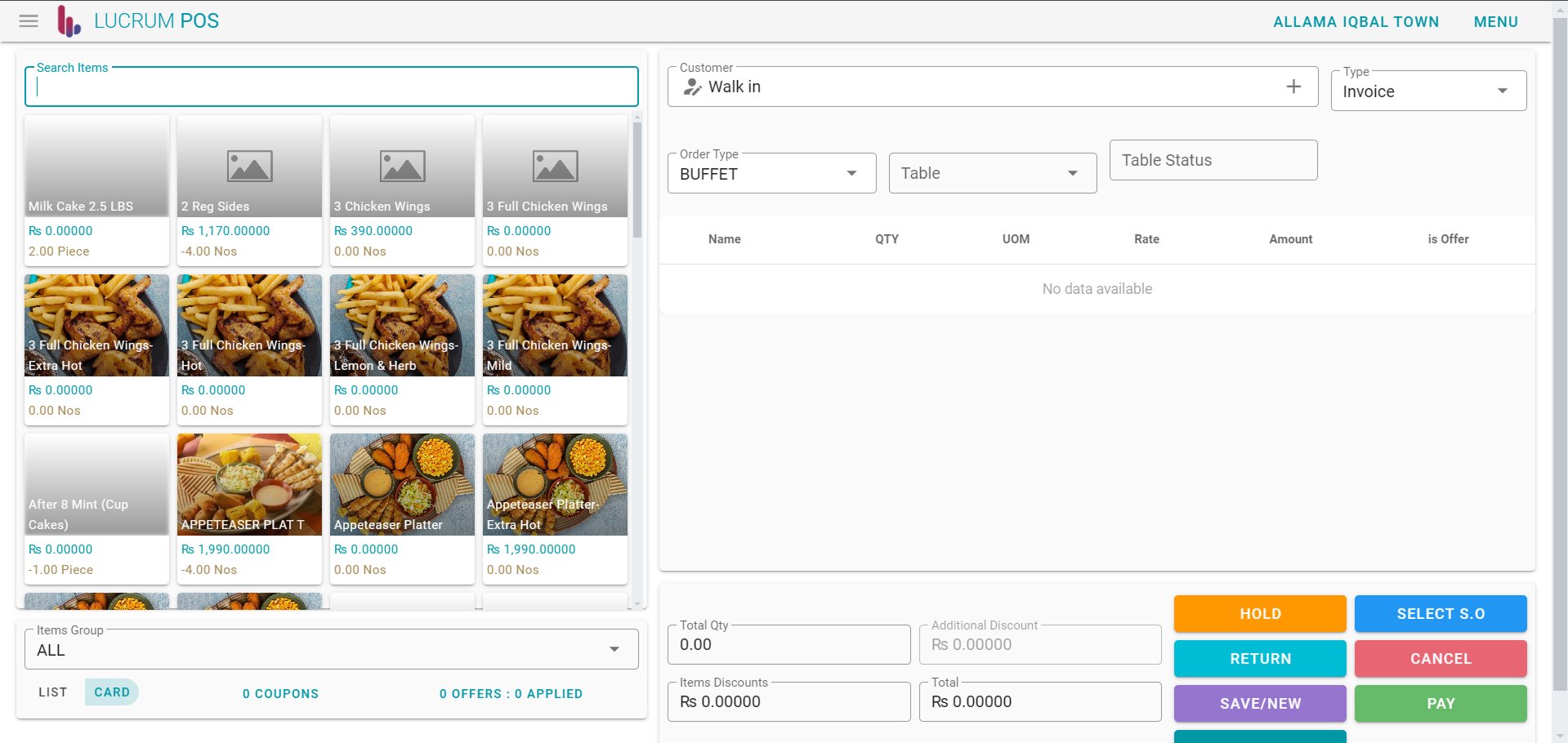 A different legacy Lucrum POS build with broken product image placeholders and inconsistent teal theming